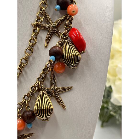 Yochi NY Signed Red Blue Starfish Faux Coral Turquoise Glass Statement Necklace - Picture 4 of 10